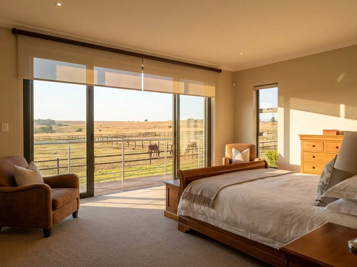 Bedroom with floor-to-ceiling glass and a raised roller blind overlooking an open paddock