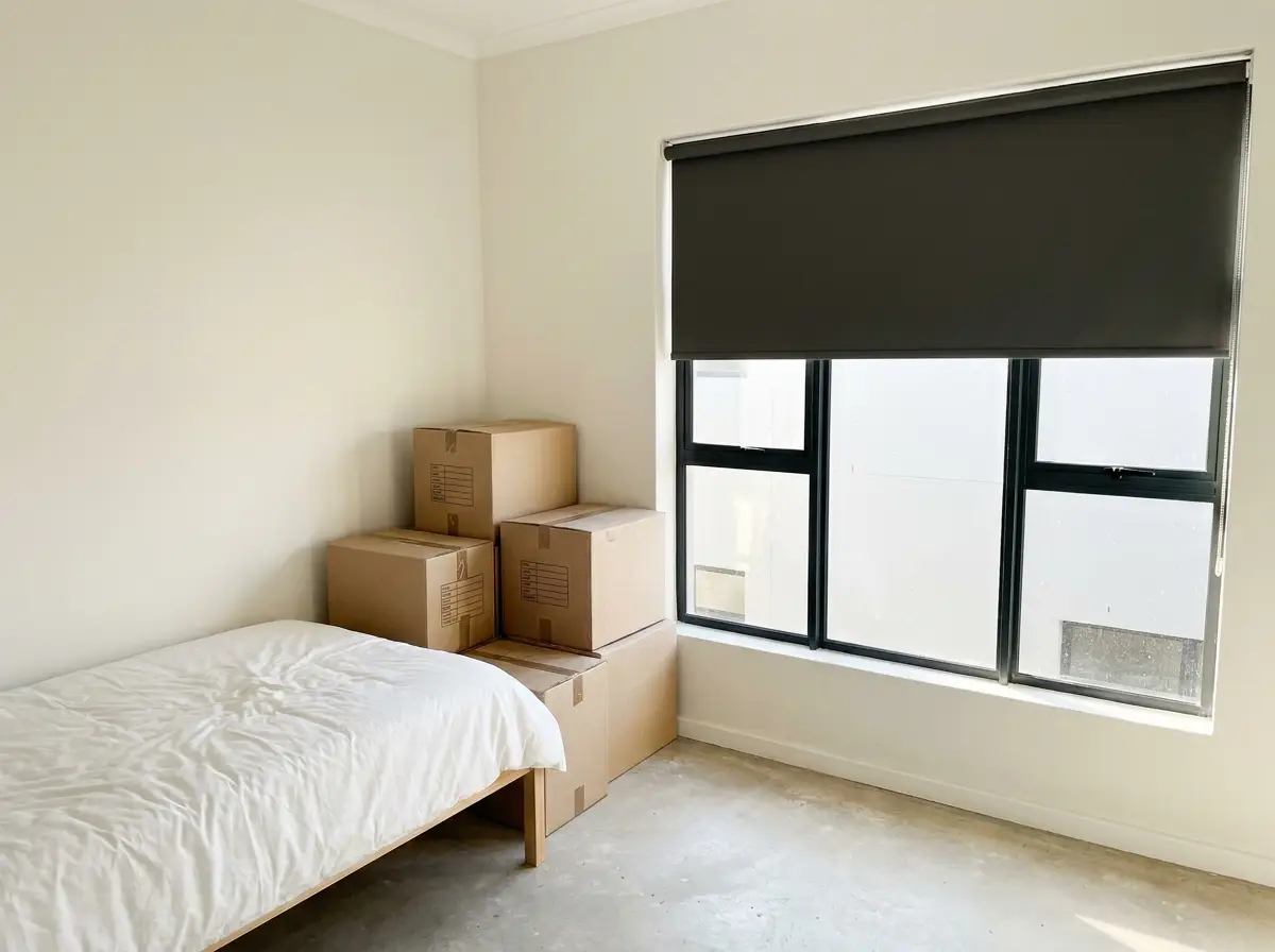 Unfurnished bedroom with a fresh blockout roller blind fitted over bare aluminium windows and moving boxes in the corner