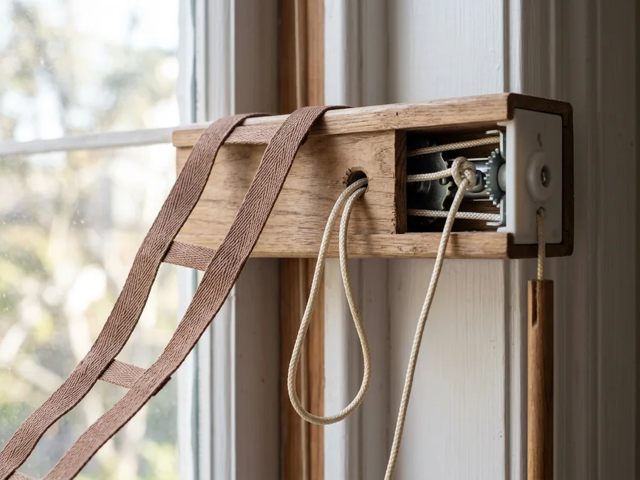 Close detail of a blind headrail, tilt wand and ladder tape — repairs and restringing in Woodhill