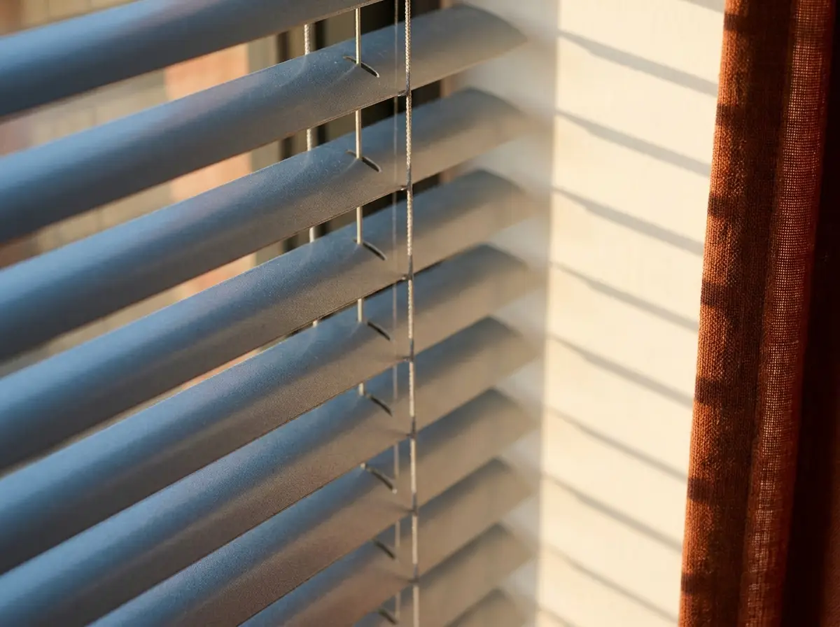 Close-up of aluminium venetian blind slats tilted against low afternoon sun