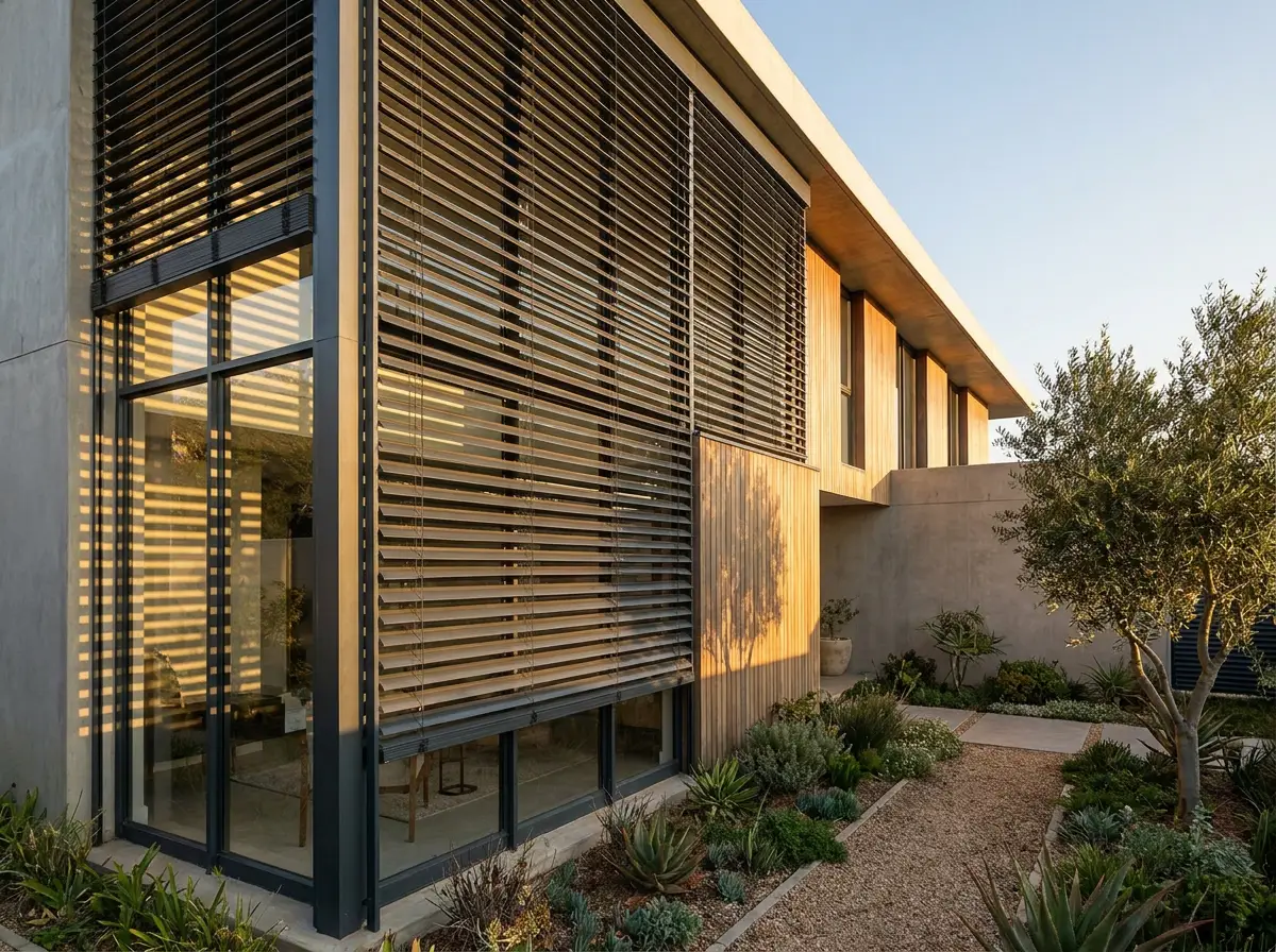 Exterior facade of a Woodhill home with external venetian blinds partially lowered over a double-storey window