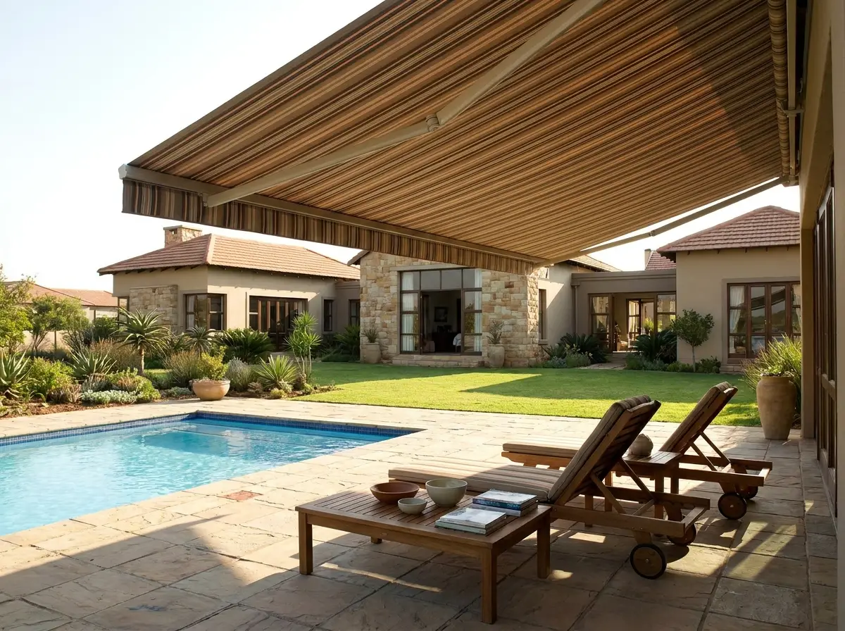 Folding-arm awning shading a poolside patio in a Woodhill home