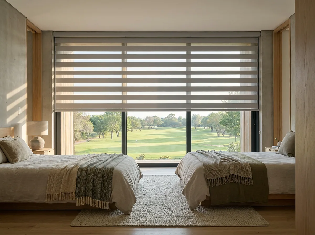 Day-night zebra roller blind on a Woodhill bedroom window, alternating sheer and solid horizontal bands on one tube, half drawn over a golf-course view