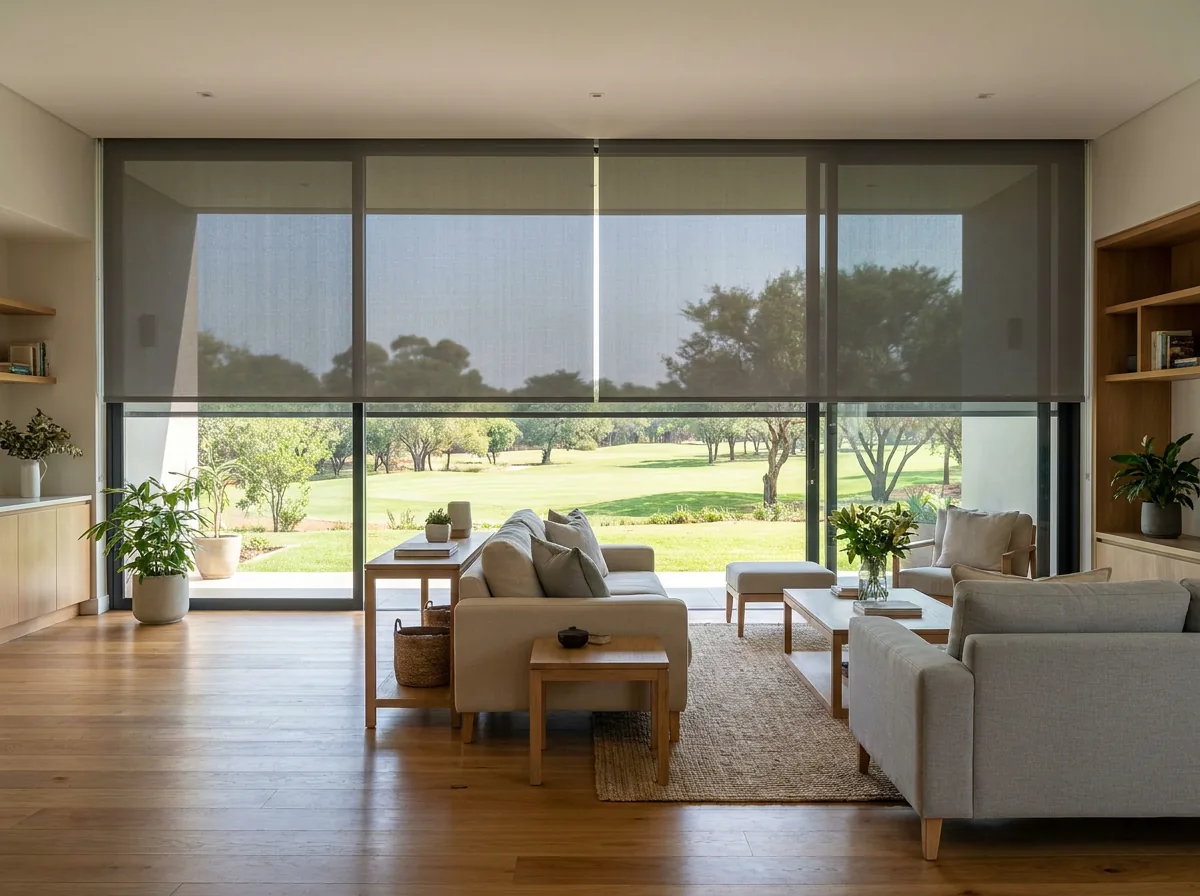 Sunscreen roller blind — one smooth flat mesh panel on a tube, no folds — half lowered over a north-facing Woodhill living-room glass wall, the green fairway visible through the weave