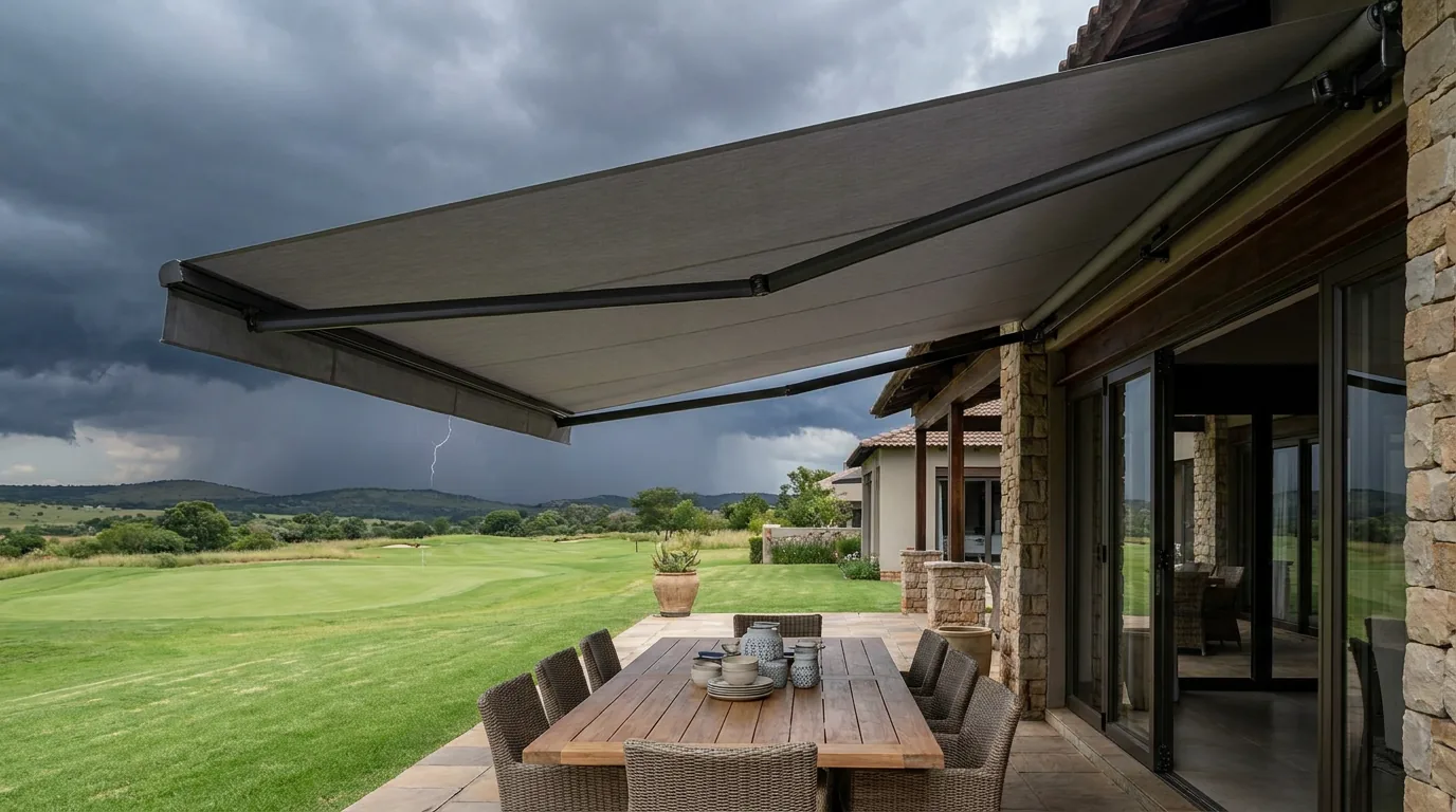 Motorised folding-arm awning extended on straight metal arms over a Woodhill entertainment patio, overlooking the fairway with a Highveld thunderstorm building in the distance