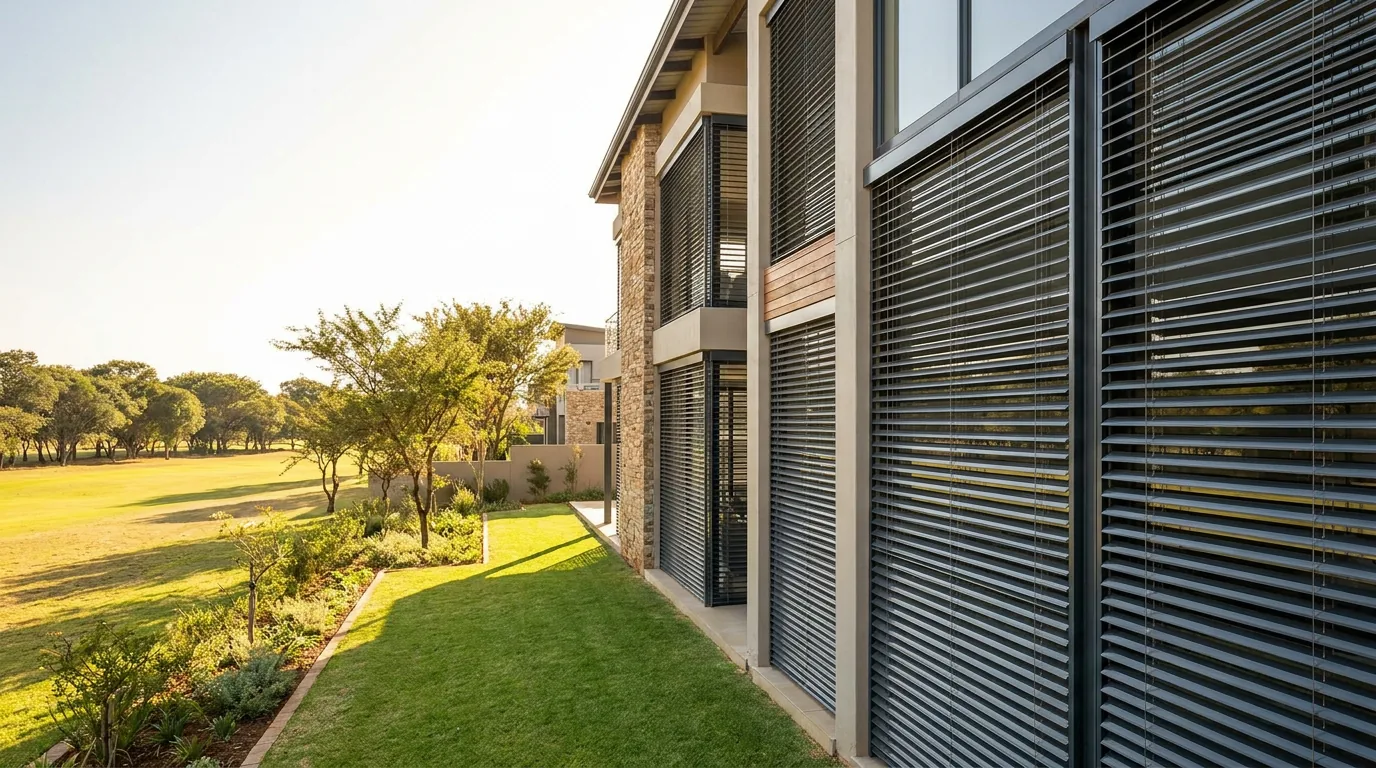External aluminium venetian blinds mounted outside the tall west-facing windows of a double-storey Woodhill home, horizontal slats tilted against the low afternoon sun, fairway beyond
