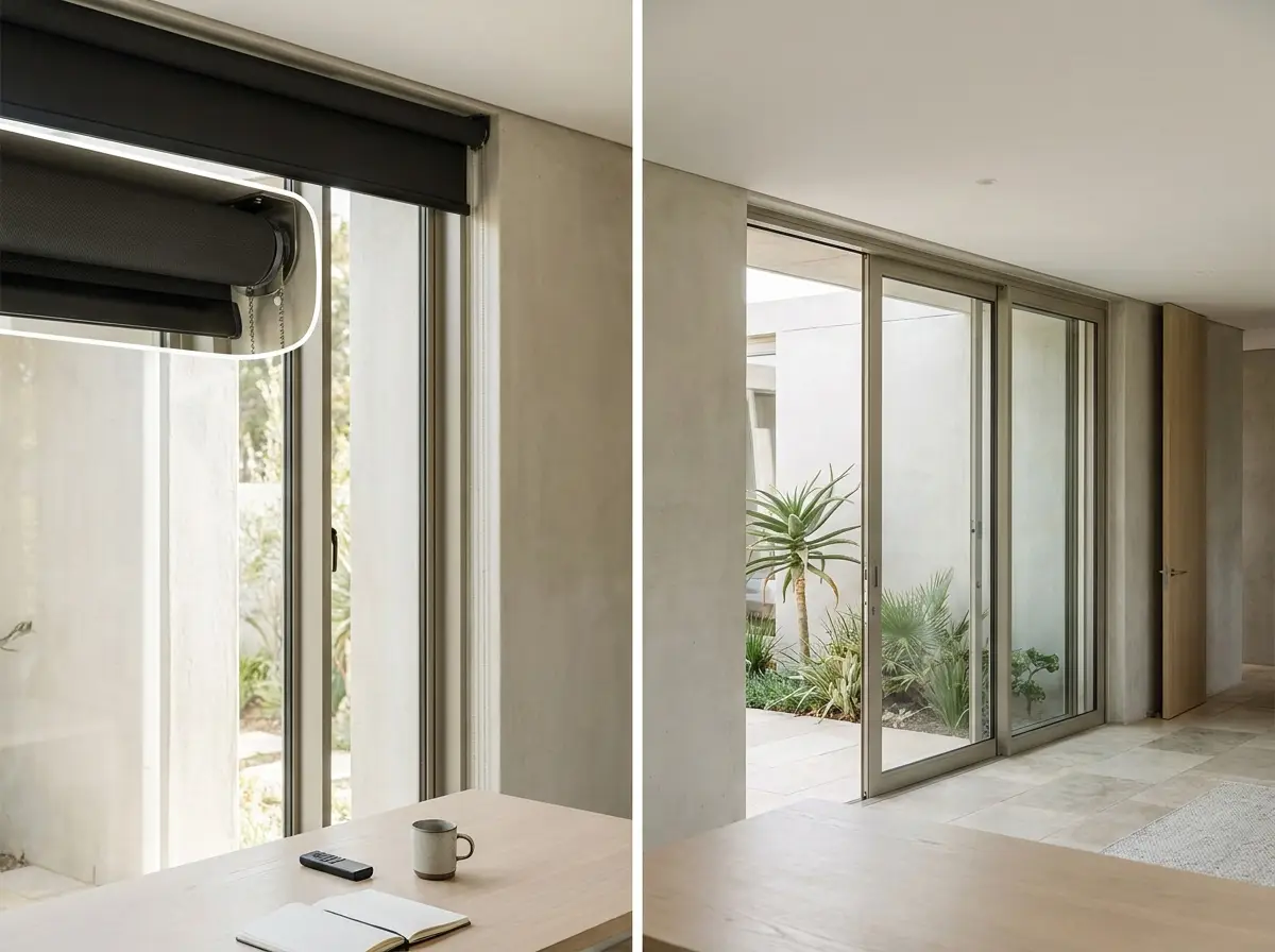 Motorised roller blind retracted at the top of a Woodhill home office window, remote control on the desk