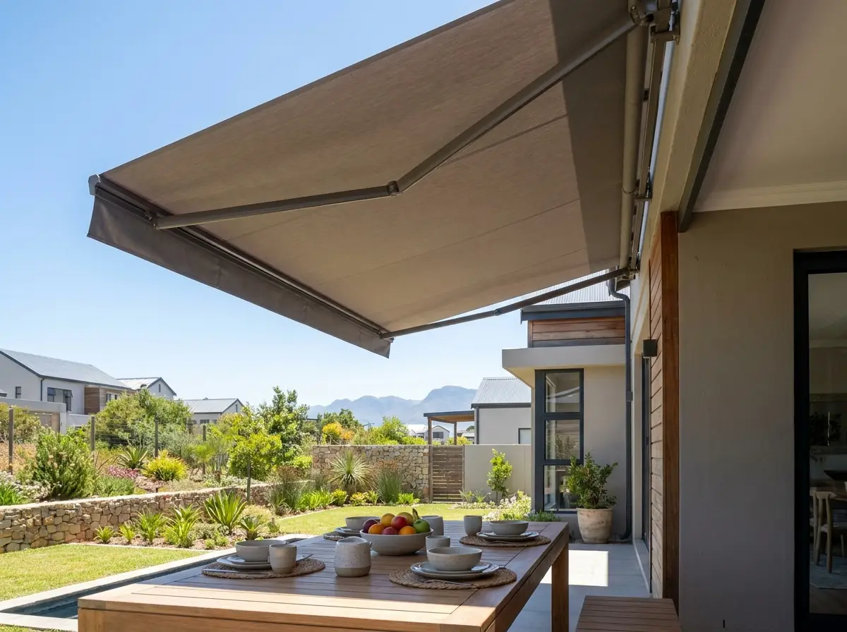 Folding-arm awning shading a covered patio dining table set for lunch on a Six Fountains estate home