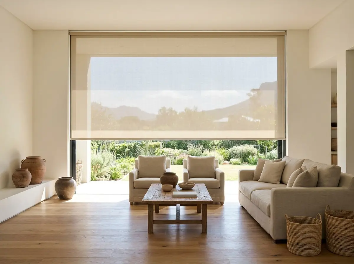 Sunscreen roller blind lowered over a bright Woodhill living room window