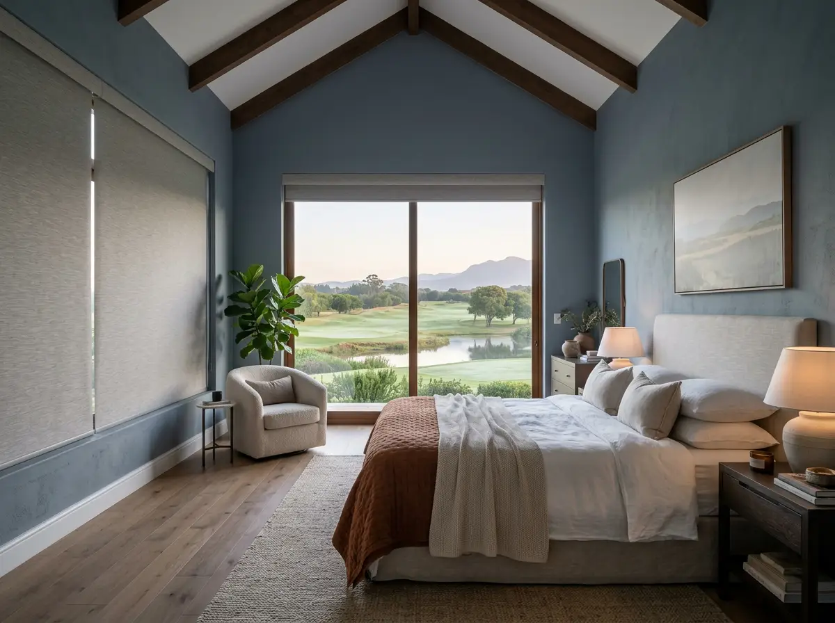 Main bedroom in a Woodhill Golf Estate home with roller blinds on the fairway-facing glass