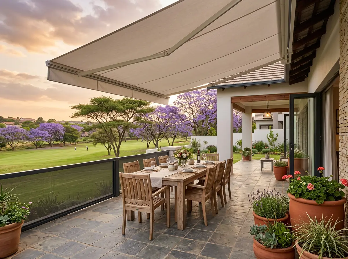 Folding-arm awning shading a patio dining table overlooking the golf course at sunset