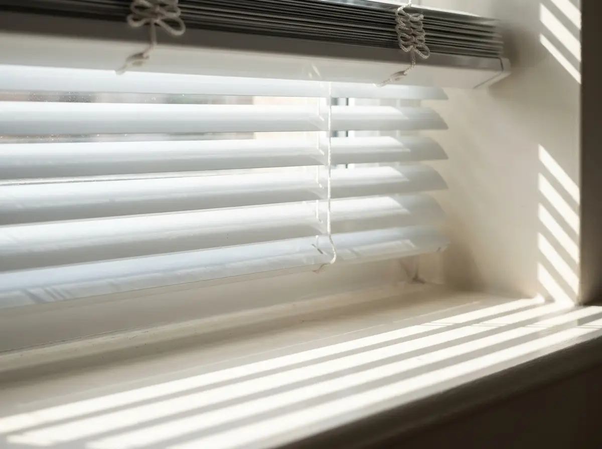 Close-up of white aluminium venetian blind slats with morning light streaming between them